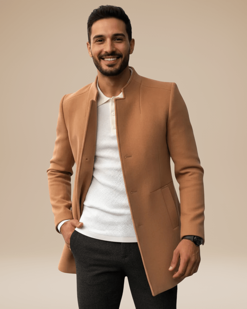 Cappotto Uomo Collo Coreano Affusolato Chiusura Nascosta