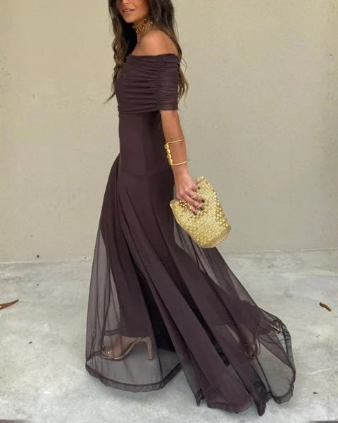 Abito Lungo Donna in Mesh Spalle Scoperte Eleganza Luminosa