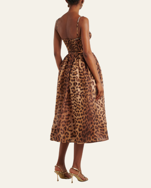 Aurazio Abito Midi Leopardato in Seta con Corsetto Strutturato da donna