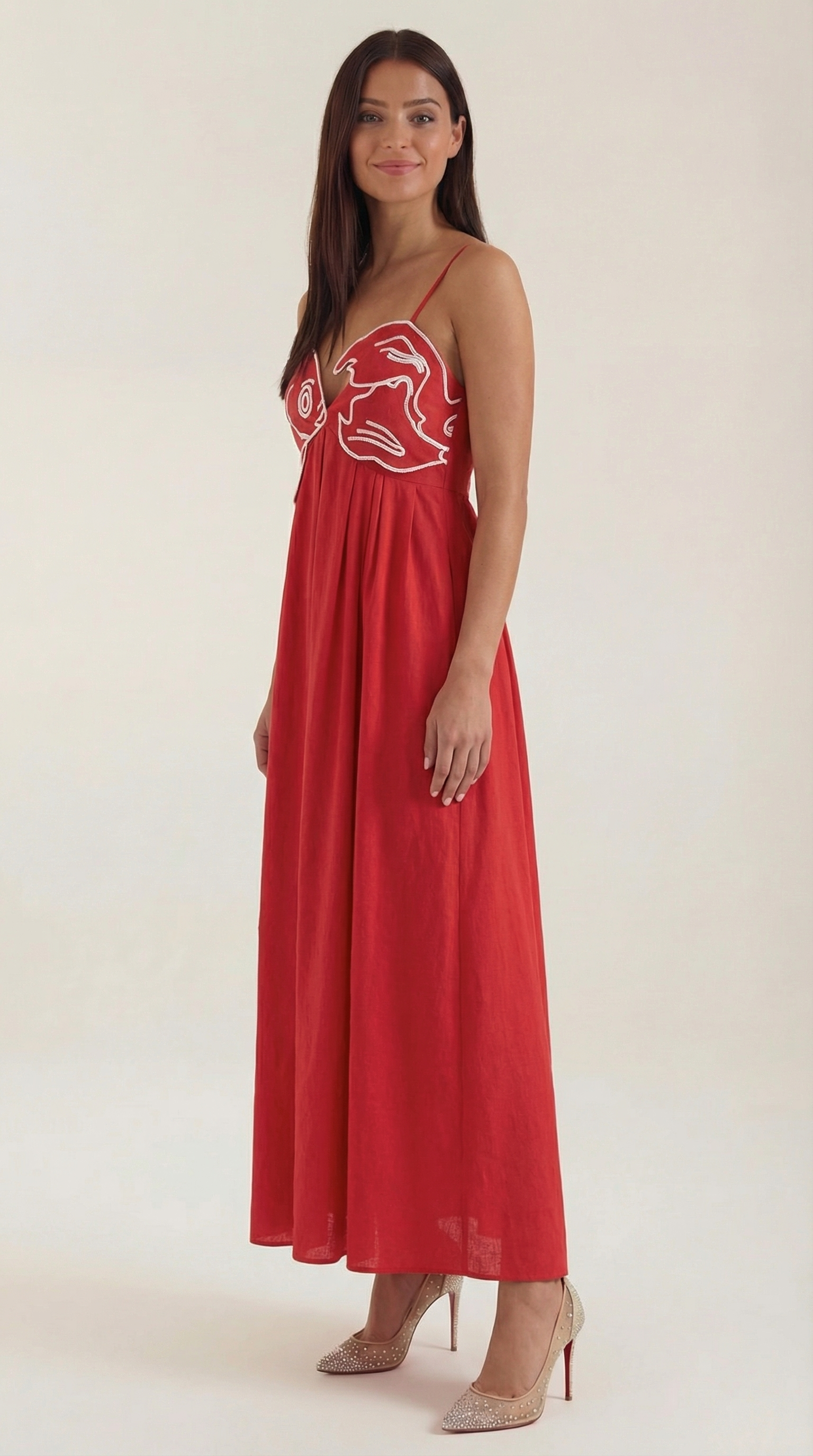 Abito Lungo Donna Ricamato Boho Spalline Sottili Fluido