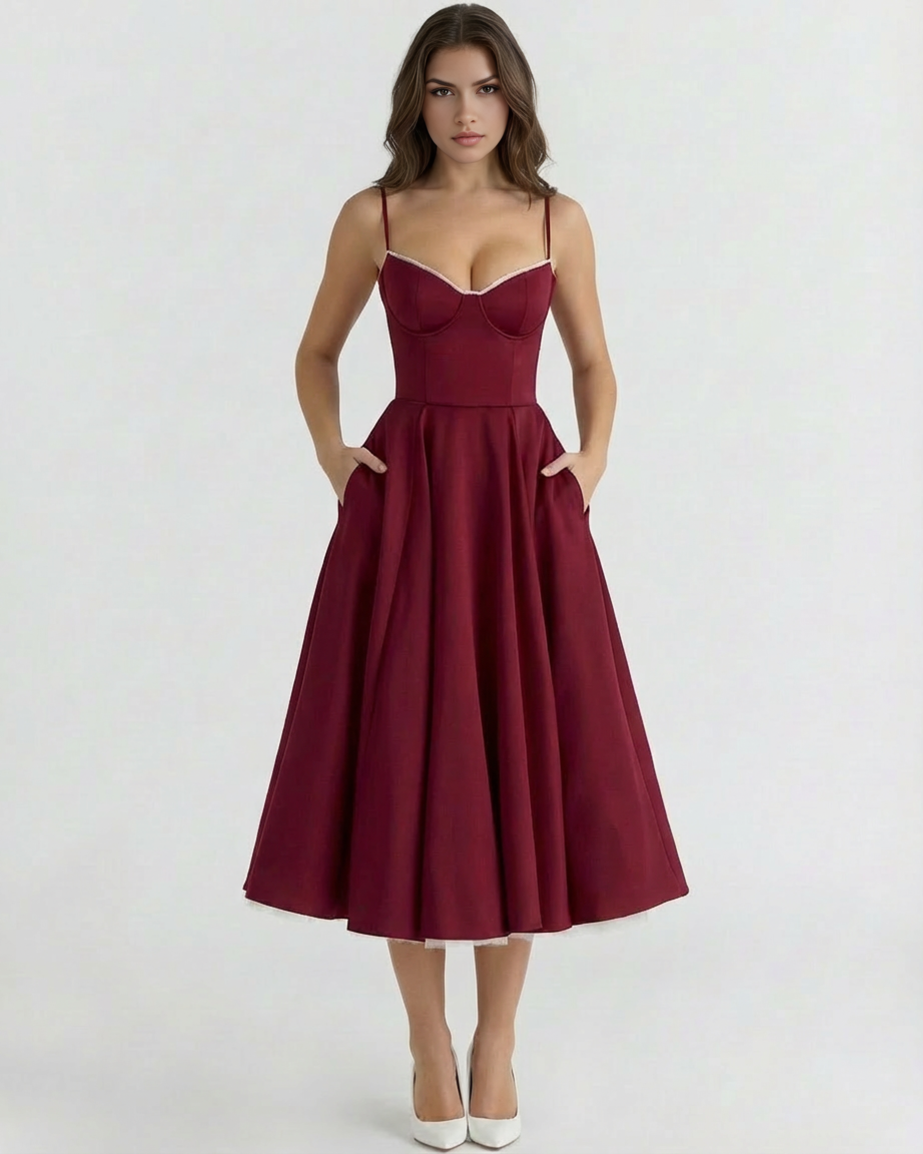 Abito Midi Donna Corsetto Tulle Scollo a Cuore Cerimonia