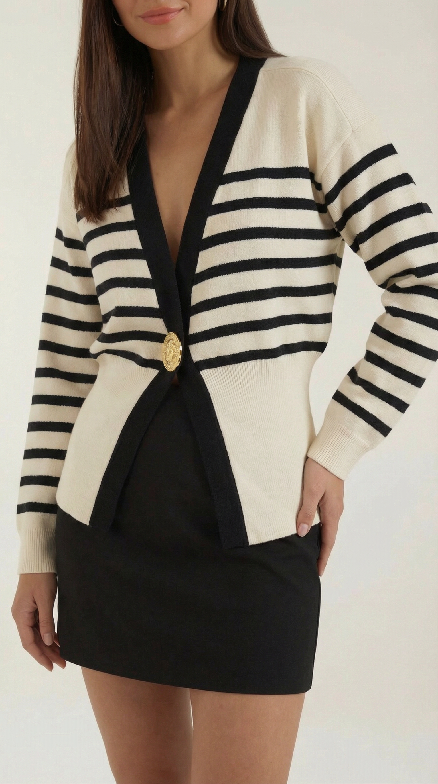 Cardigan Donna Scollo a V Profondo Bottone Dorato Aderente