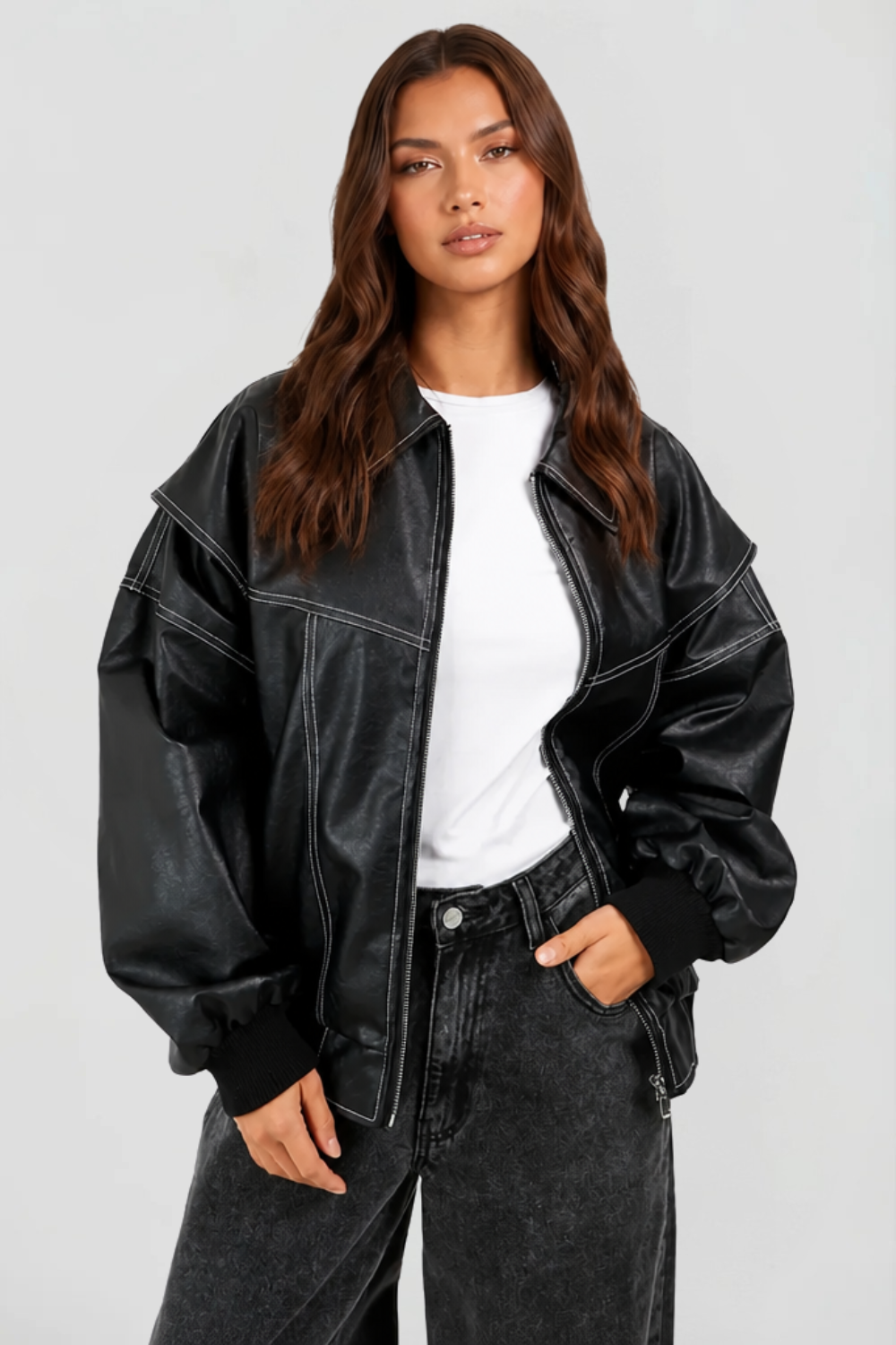 Giacca Bomber Donna in Pelle Oversize con Orlo Elastico