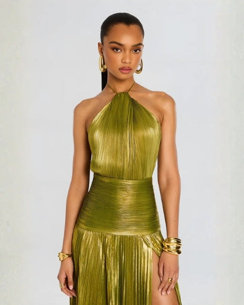 Abito Donna da Sera Lungo Metallizzato Scollo Halter Glamour