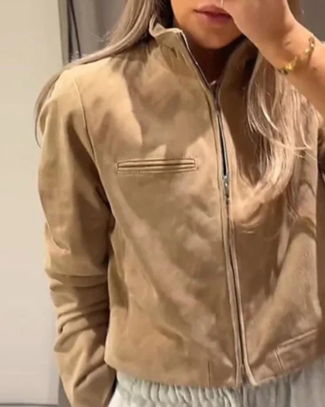 Giacca Donna Corta in Pelle Vegana Scamosciata Collo a Stand