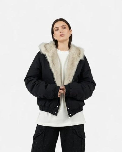 Giacca Bomber Donna con Cappuccio in Pelliccia Sintetica