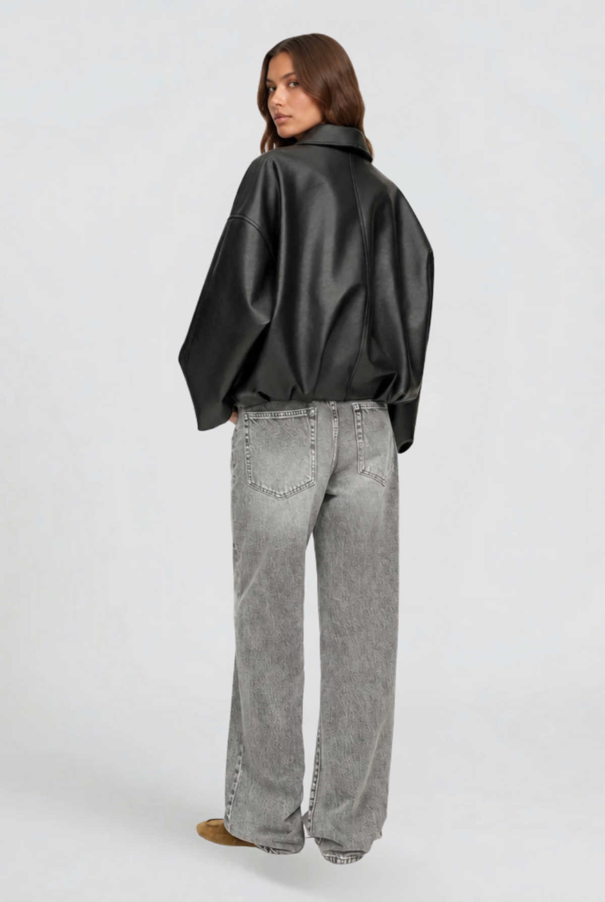 Giacca Donna in Pelle Oversize con Cintura Maniche Ampie