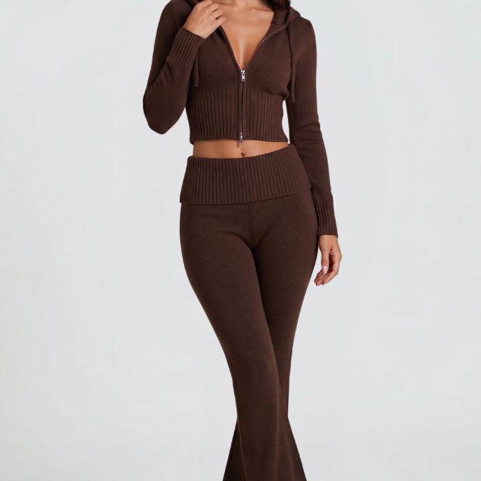 Completo Donna in Maglia Felpa con Zip Corta e Pantaloni Zampa