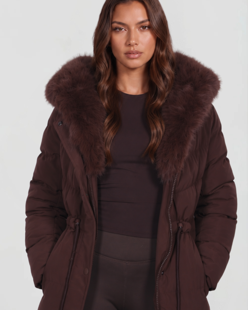 Cappotto Donna Imbottito alla Caviglia Cappuccio Vera Pelliccia