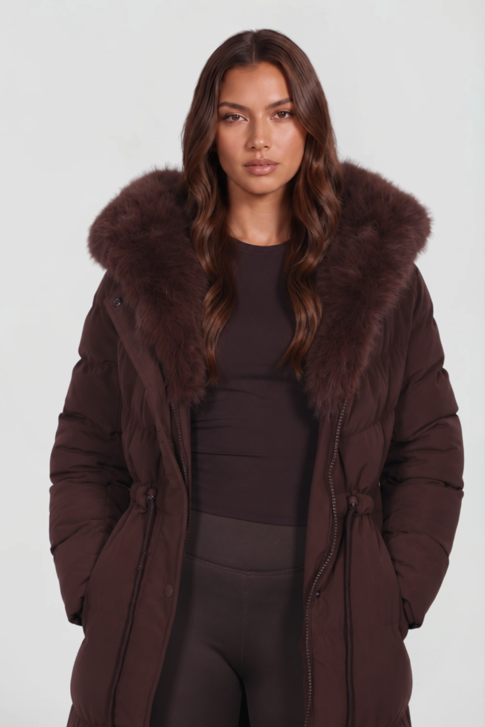 Cappotto Donna Imbottito alla Caviglia Cappuccio Vera Pelliccia