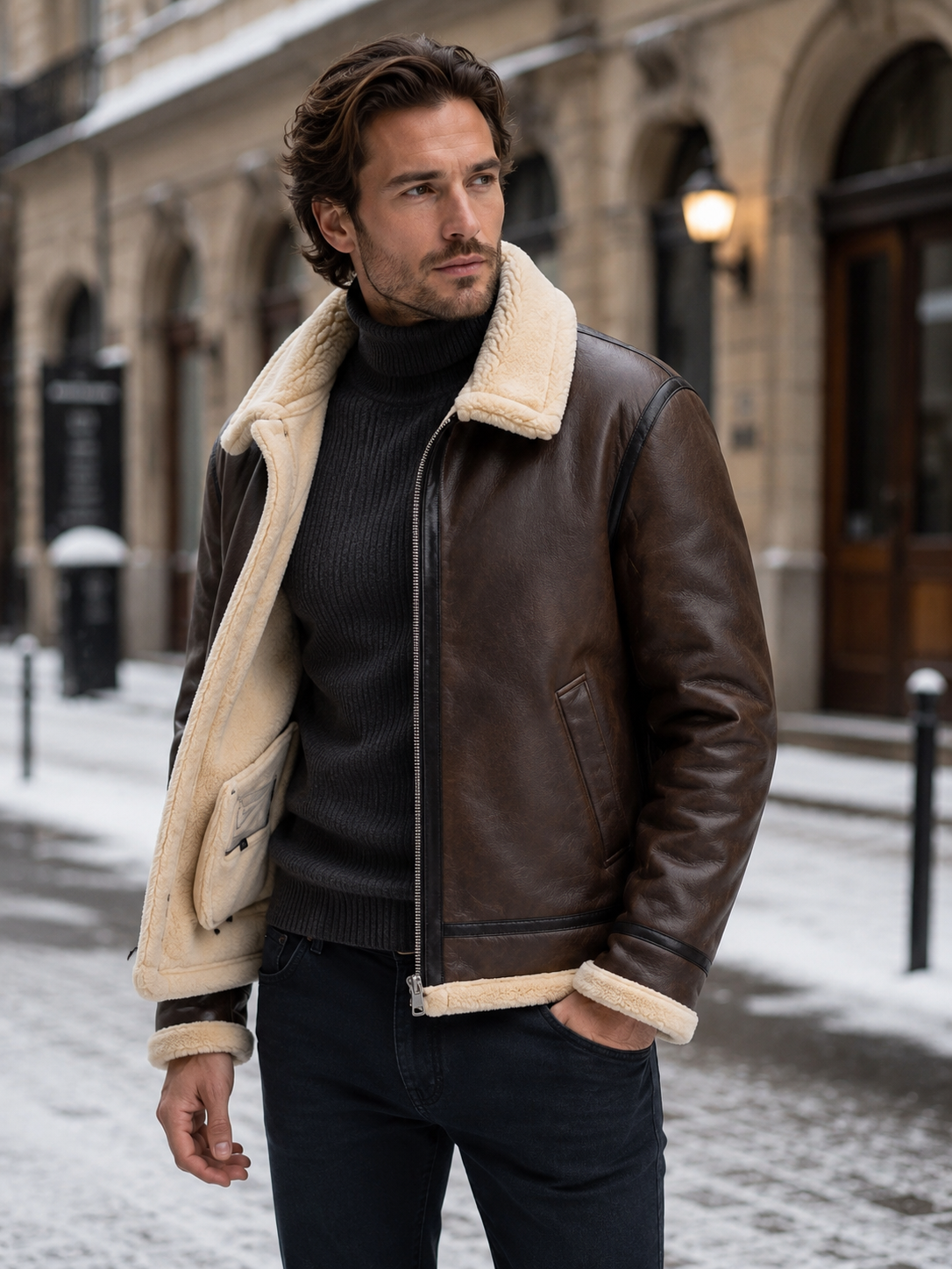 Giacca Aviator Uomo in Pelle Fodera Shearling Sintetico