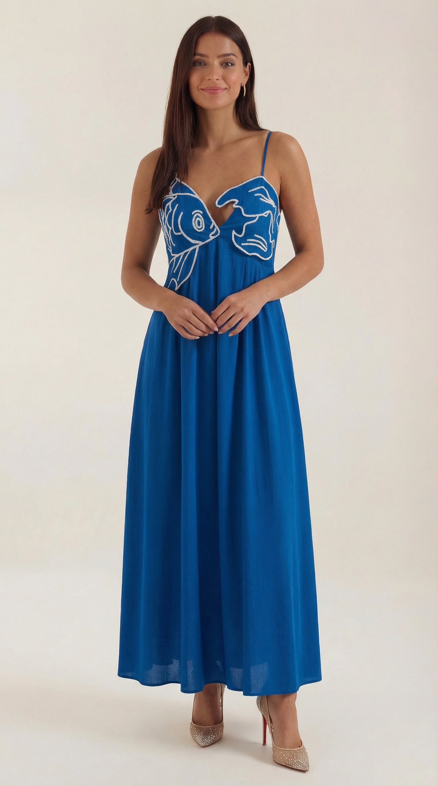 Abito Lungo Donna Ricamato Boho Spalline Sottili Fluido