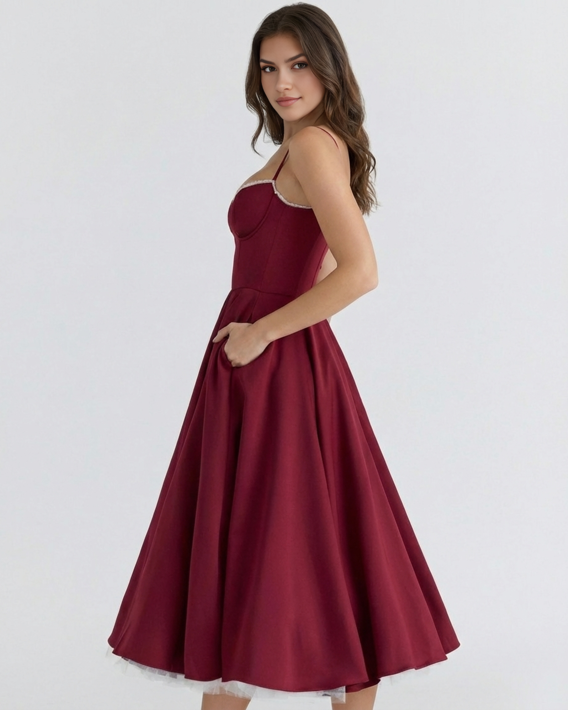 Abito Midi Donna Corsetto Tulle Scollo a Cuore Cerimonia