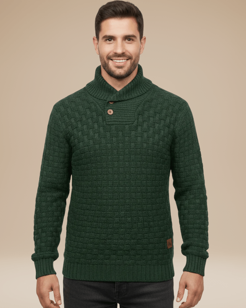 Aurazio Maglione Uomo Collo Sciallato Con Bottoni Caldo In Filato Medio Elegante Trama A Cestino