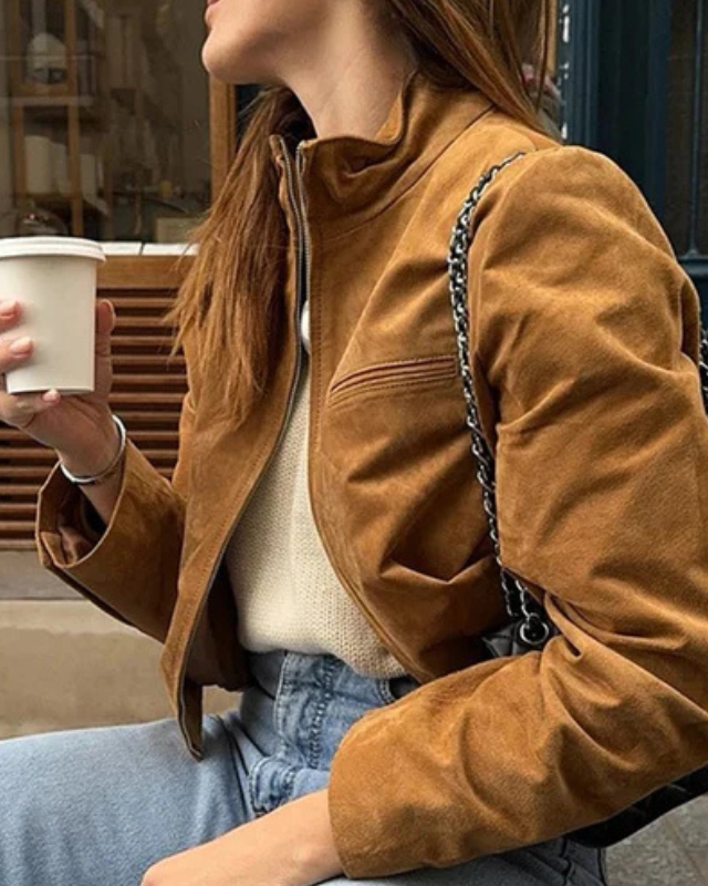 Giacca Donna Corta in Pelle Vegana Scamosciata Collo a Stand