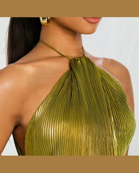 Abito Donna da Sera Lungo Metallizzato Scollo Halter Glamour
