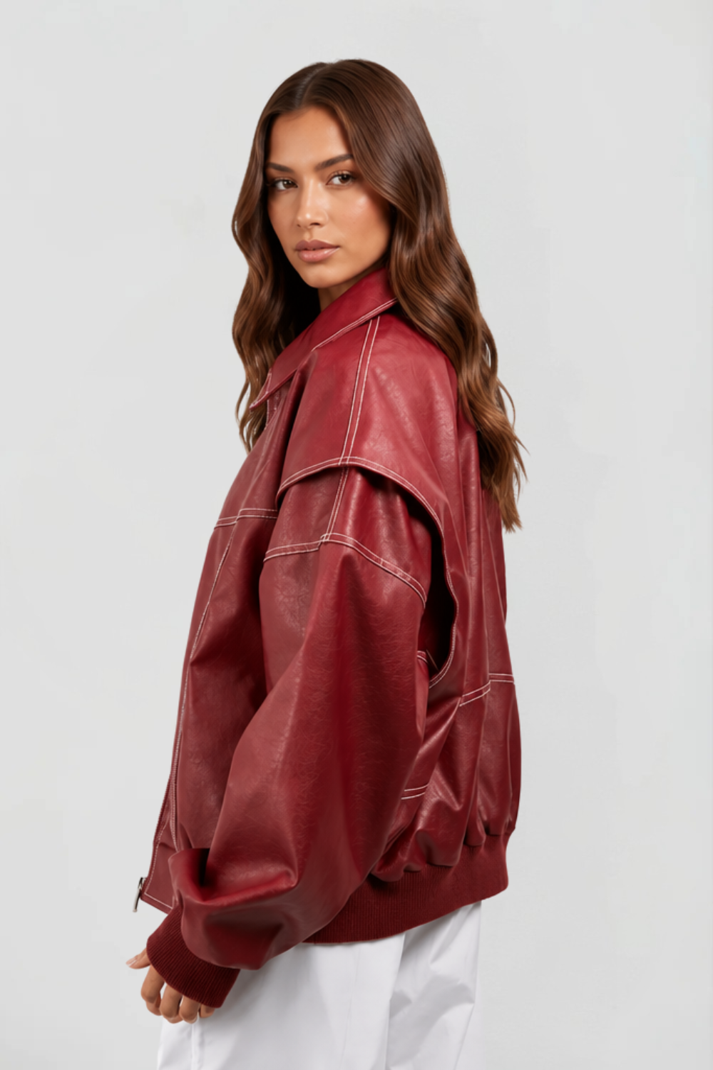 Giacca Bomber Donna in Pelle Oversize con Orlo Elastico