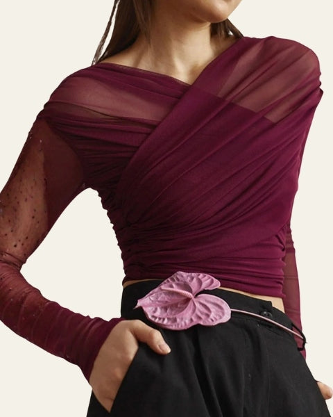 Top Donna Elegante Avvolgente in Rete Mesh Elastico Raffinato