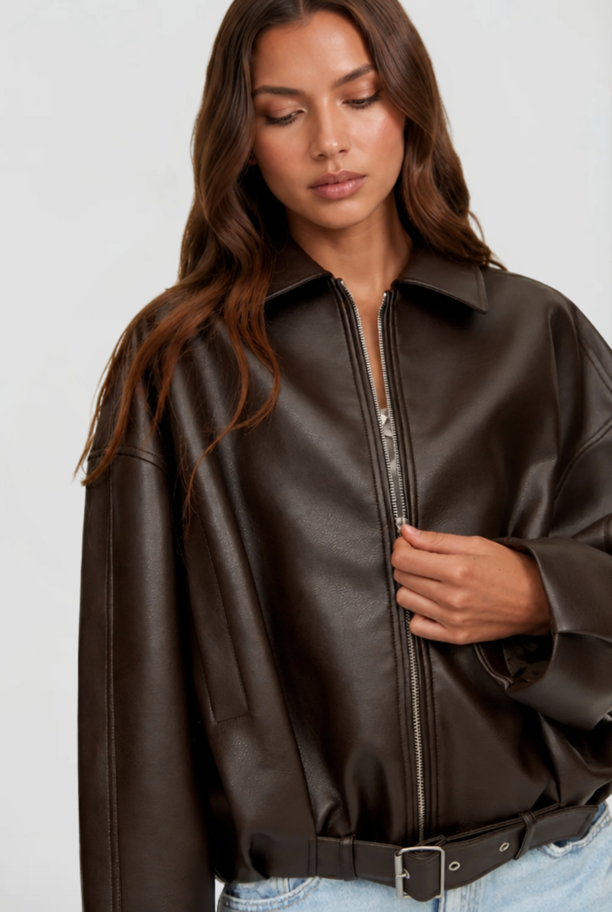 Giacca Donna in Pelle Oversize con Cintura Maniche Ampie