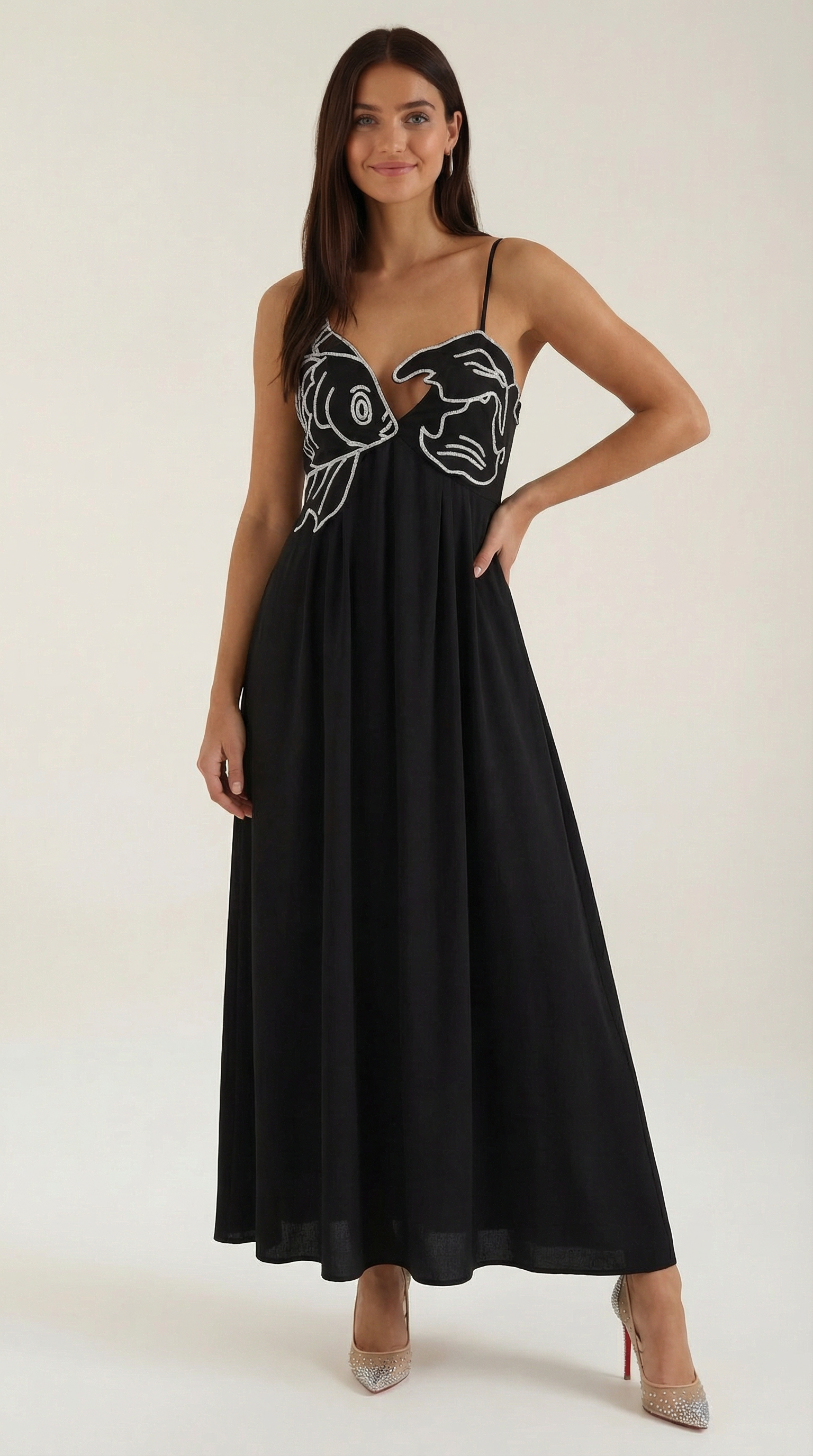 Abito Lungo Donna Ricamato Boho Spalline Sottili Fluido