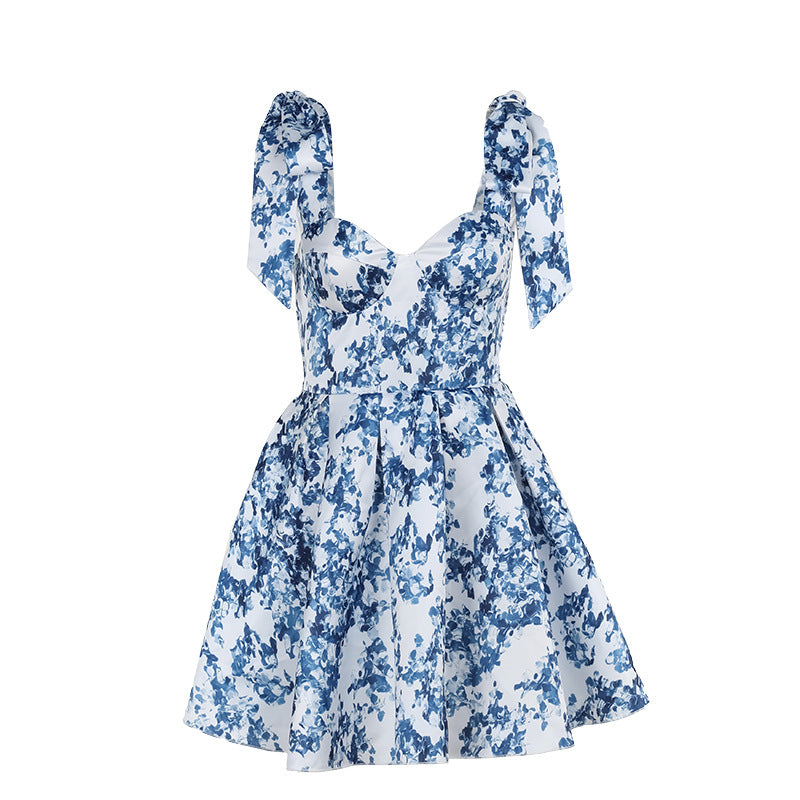 Aurazio Vestito Floreale con Spalline a Fiocco per Donna