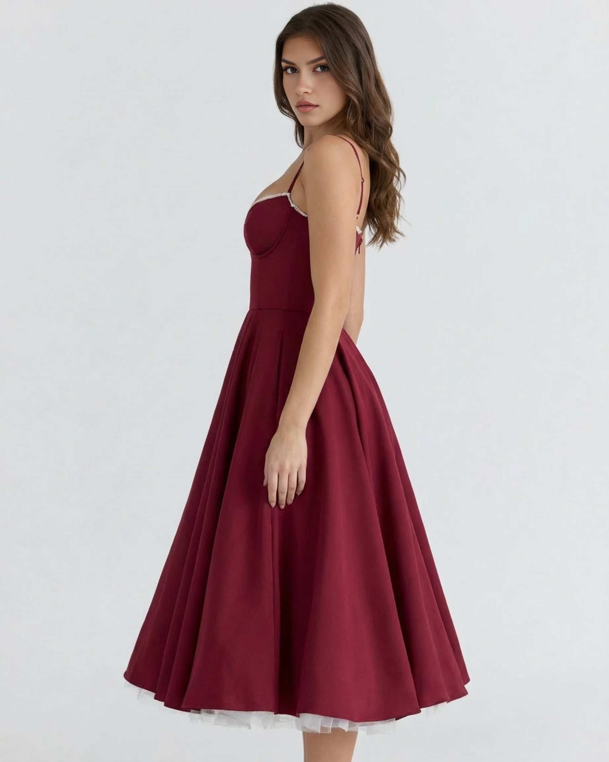 Abito Midi Donna Corsetto Tulle Scollo a Cuore Cerimonia