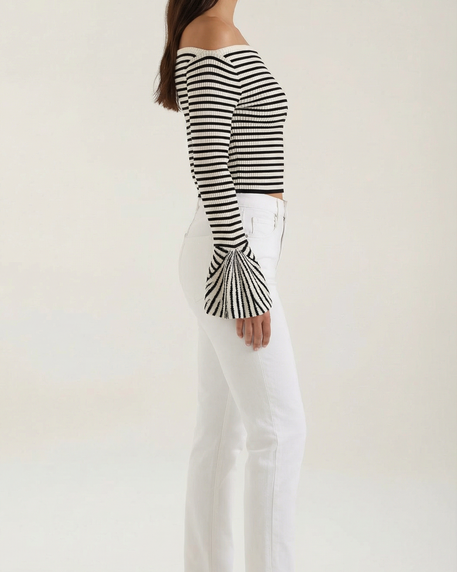 Top Donna a Righe Maniche a Volant Scollo Off Shoulder