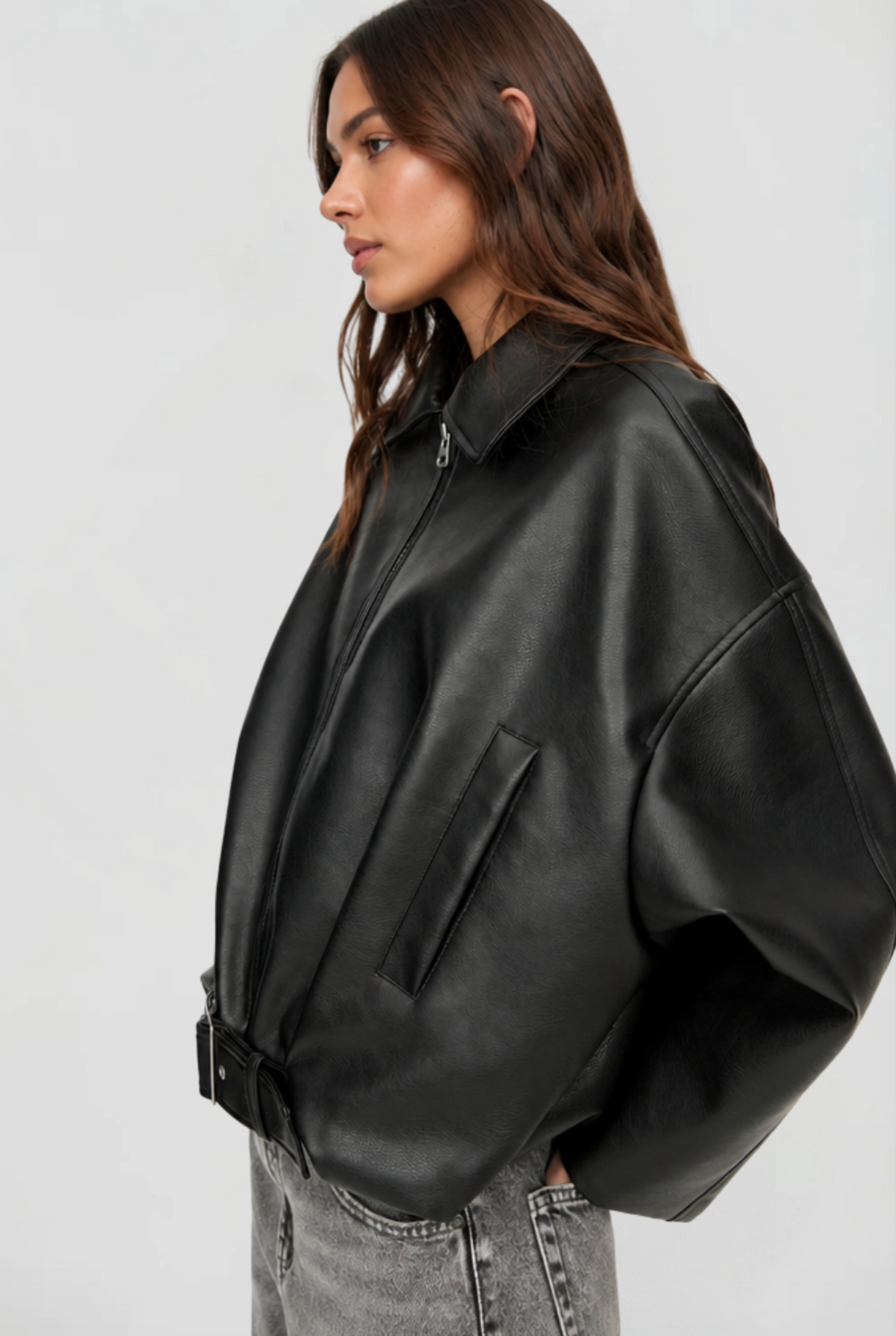 Giacca Donna in Pelle Oversize con Cintura Maniche Ampie