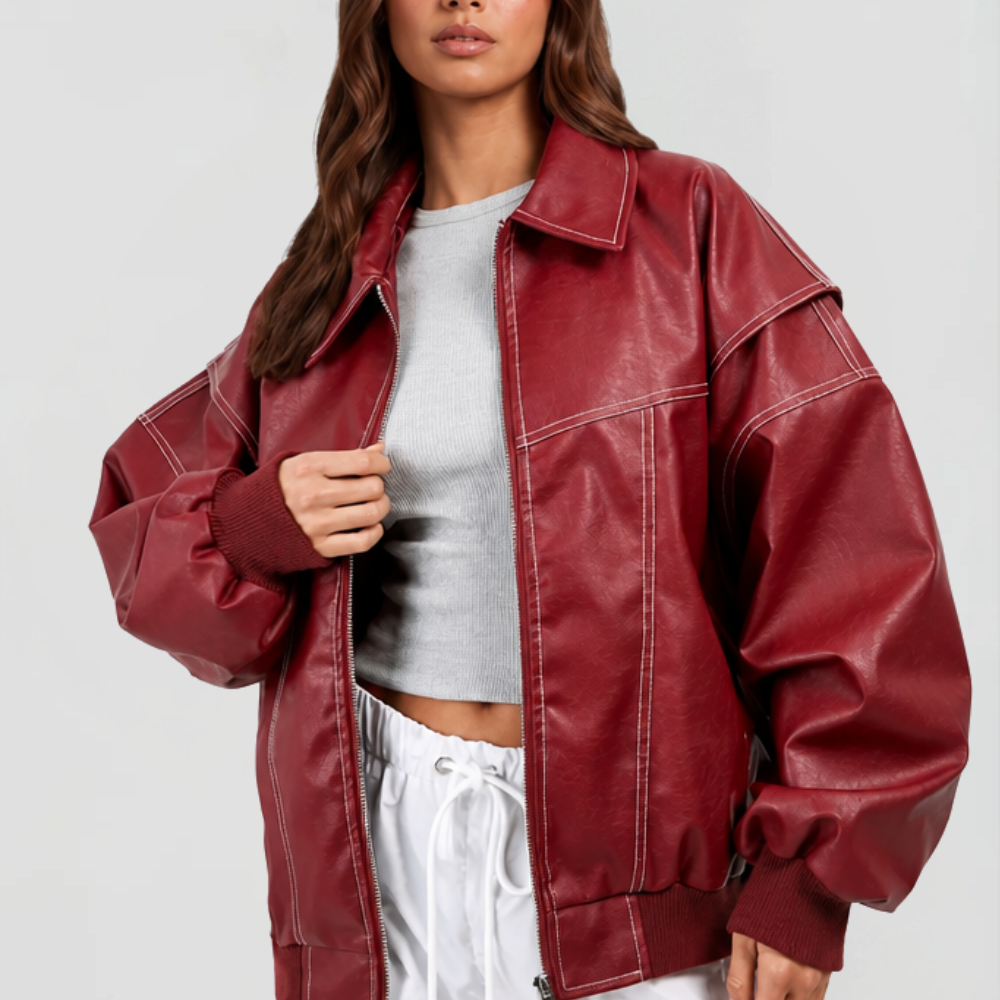 Giacca Bomber Donna in Pelle Oversize con Orlo Elastico