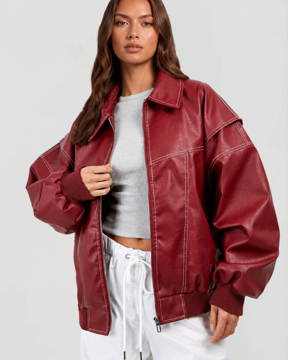 Giacca Bomber Donna in Pelle Oversize con Orlo Elastico
