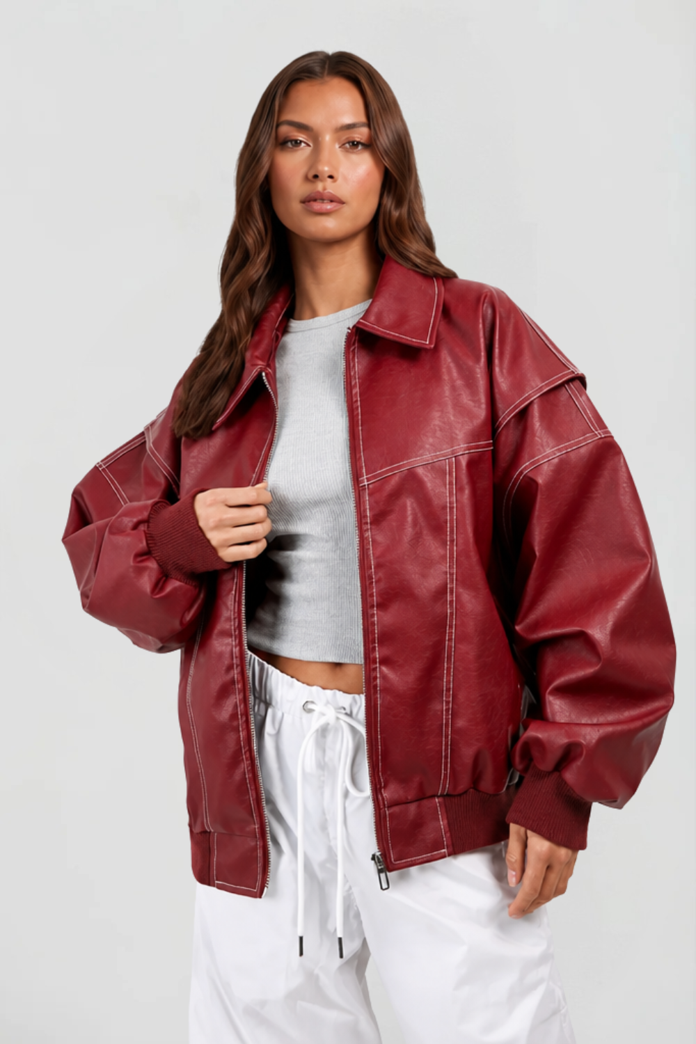 Giacca Bomber Donna in Pelle Oversize con Orlo Elastico