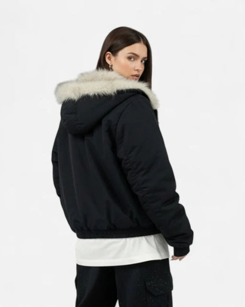 Giacca Bomber Donna con Cappuccio in Pelliccia Sintetica