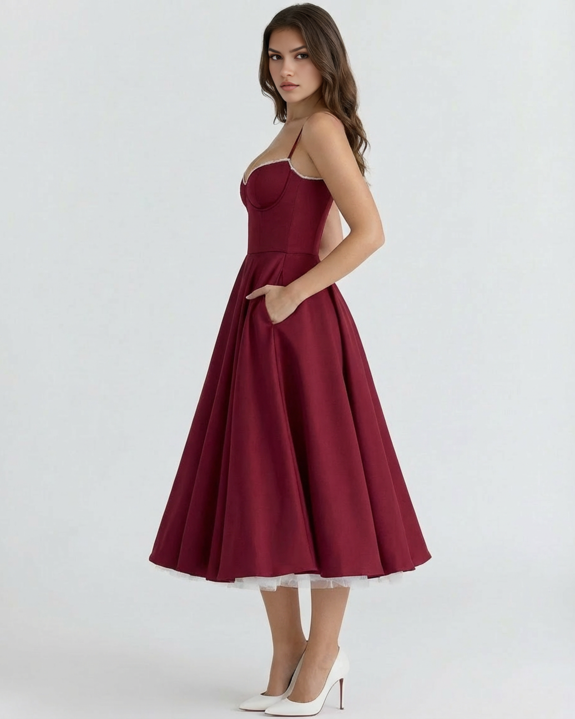 Abito Midi Donna Corsetto Tulle Scollo a Cuore Cerimonia