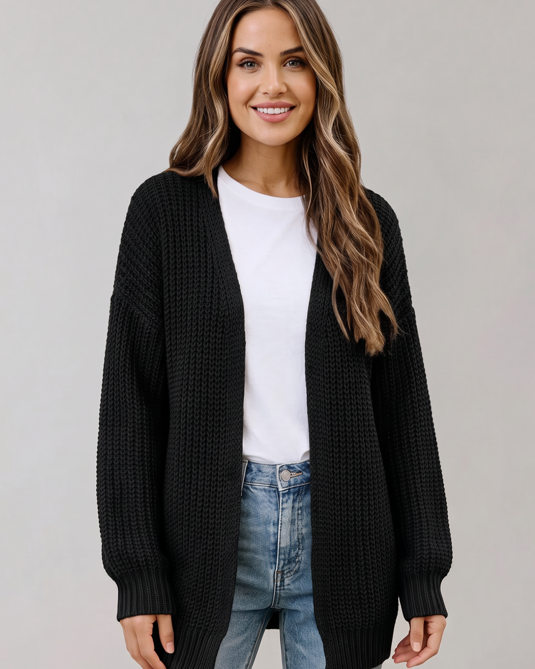Cardigan Donna Oversize Maglia Grossa Aperto Maniche a Palloncino
