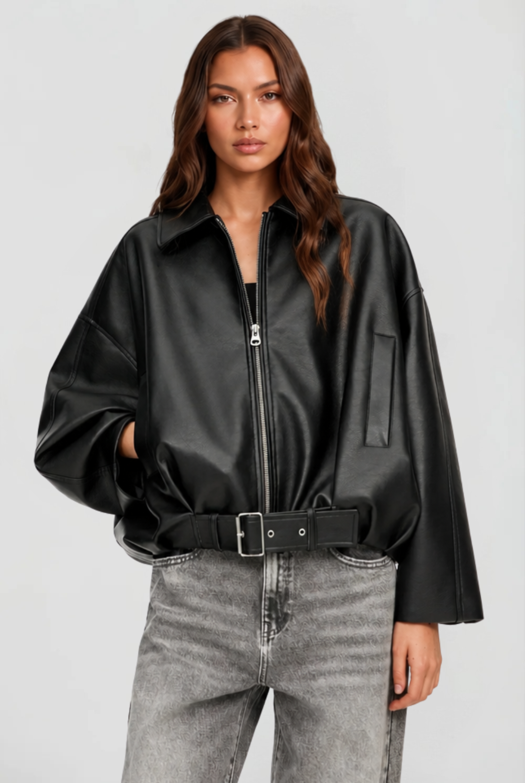 Giacca Donna in Pelle Oversize con Cintura Maniche Ampie