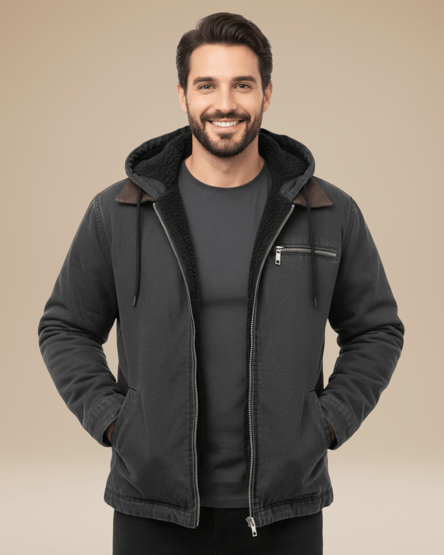 Aurazio Giacca Uomo Cappuccio Pile Foderata Con Zip Frontale Calda E Confortevole Autunno Inverno