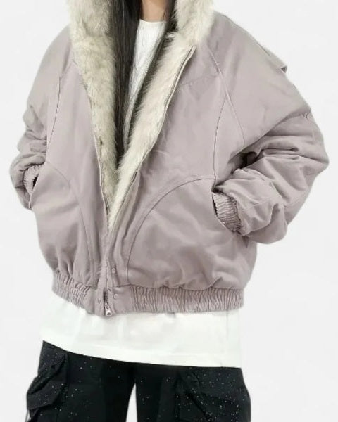 Giacca Bomber Donna con Cappuccio in Pelliccia Sintetica