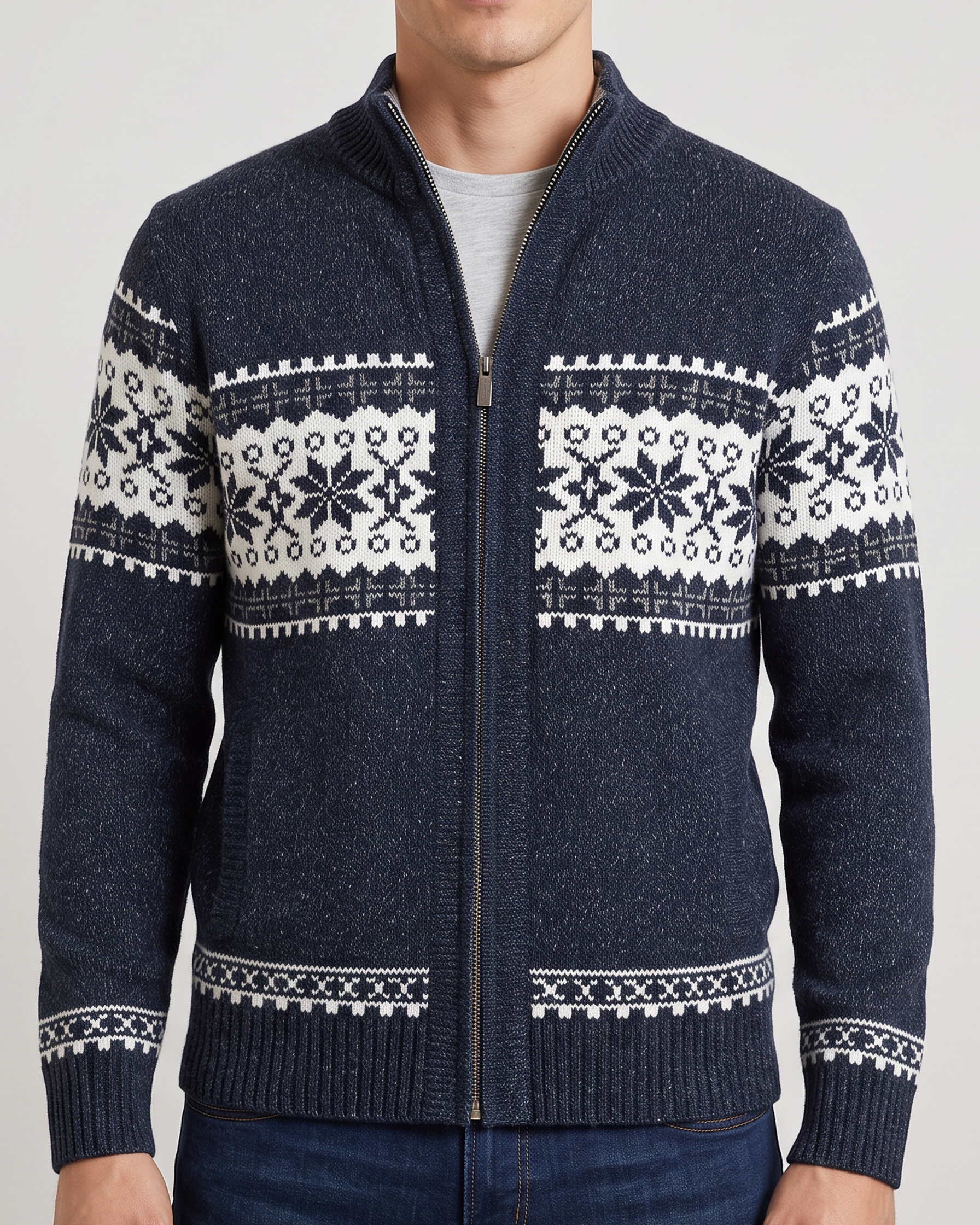 Giacca Uomo in Maglia Misto Lana Zip Intera Fair Isle Nordico