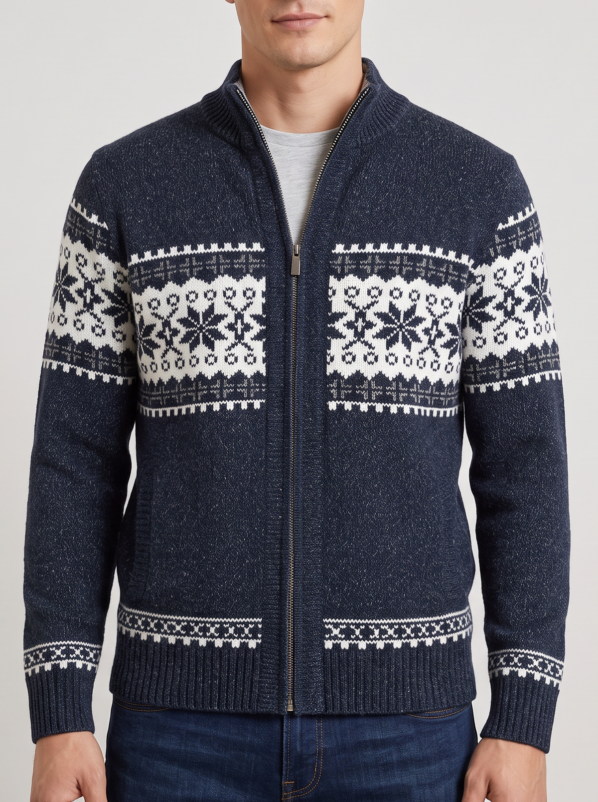 Giacca Uomo in Maglia Misto Lana Zip Intera Fair Isle Nordico