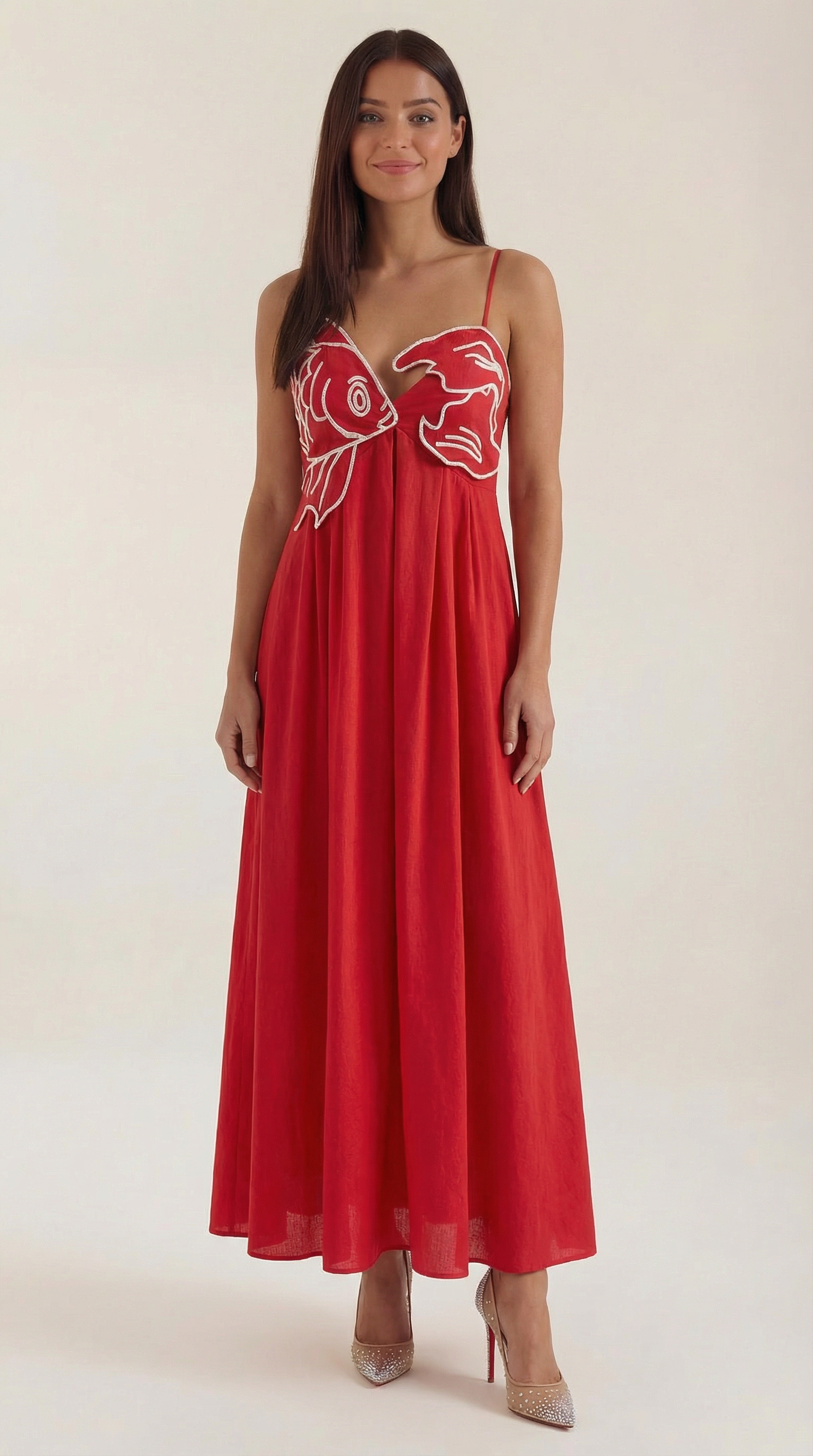 Abito Lungo Donna Ricamato Boho Spalline Sottili Fluido