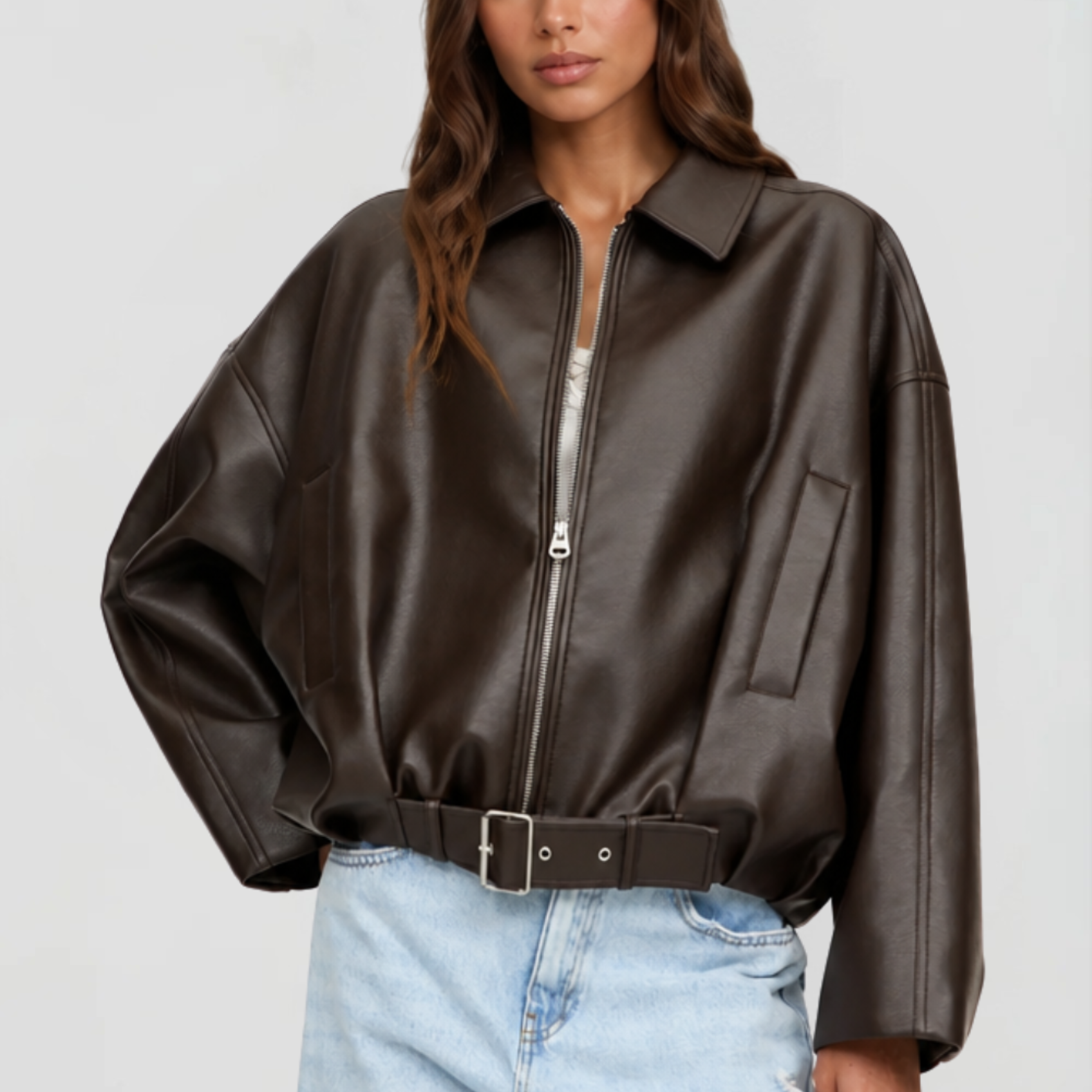 Giacca Donna in Pelle Oversize con Cintura Maniche Ampie