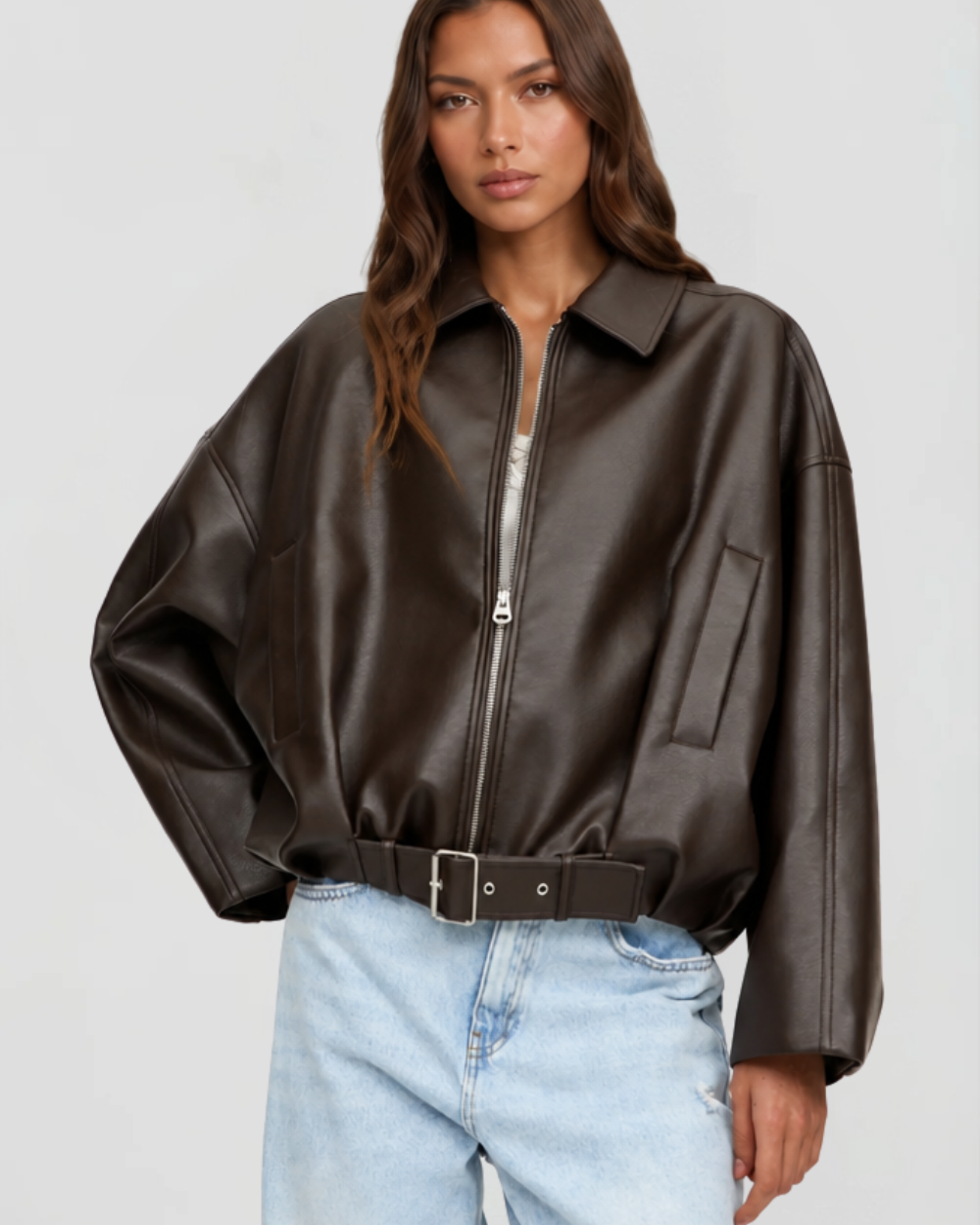 Giacca Donna in Pelle Oversize con Cintura Maniche Ampie