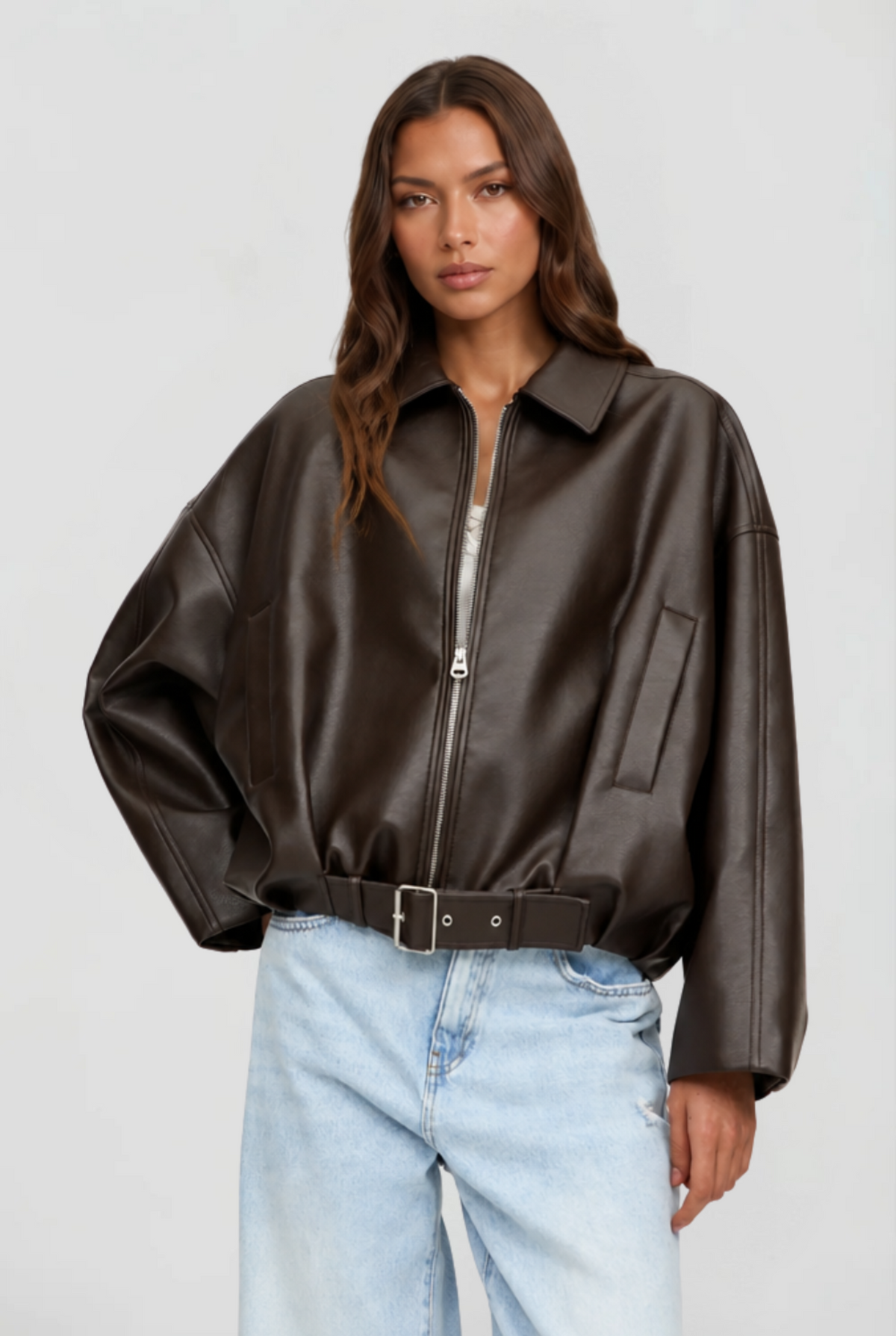 Giacca Donna in Pelle Oversize con Cintura Maniche Ampie
