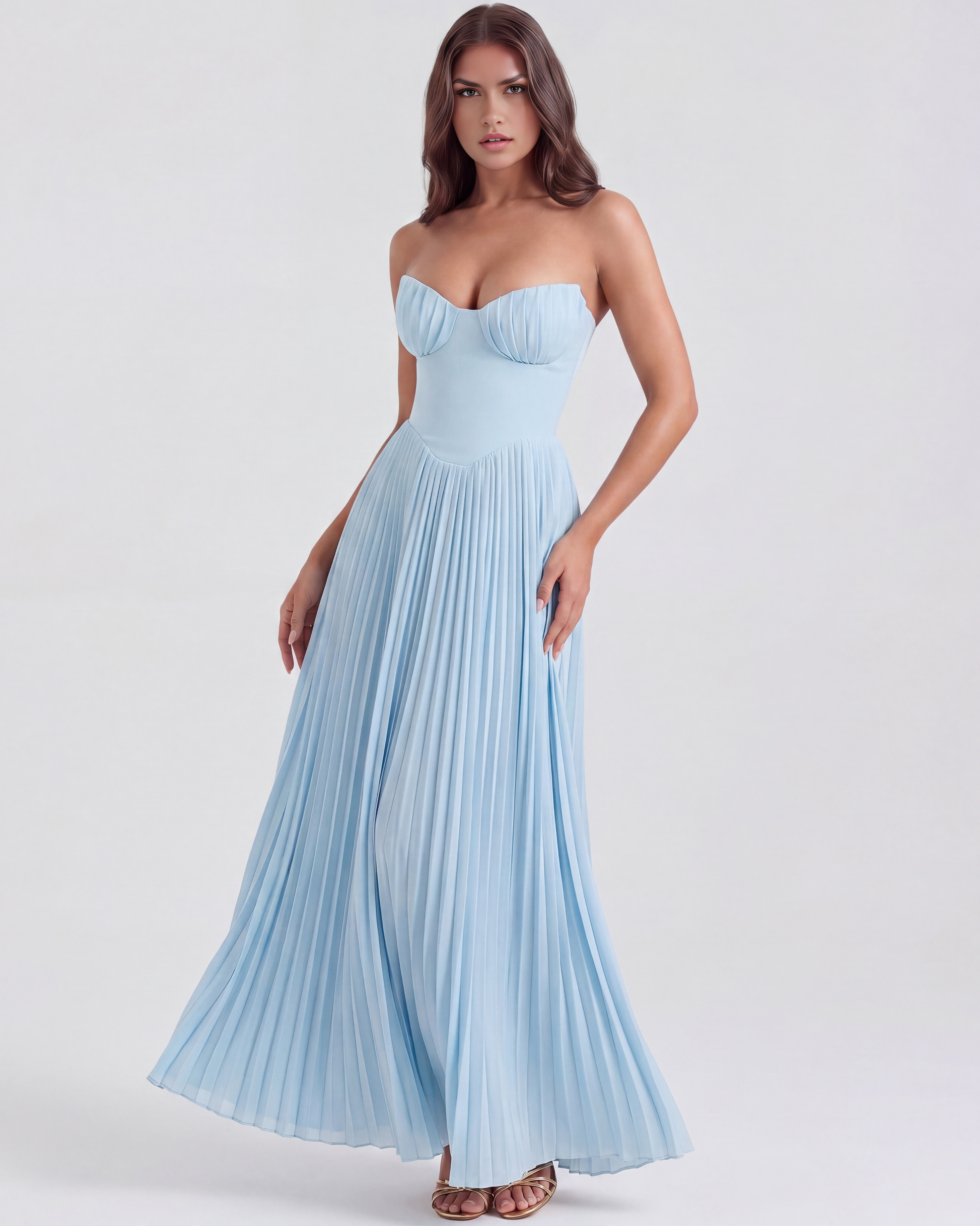 Abito Lungo Donna Plissettato Corsetto Senza Spalline da Sera