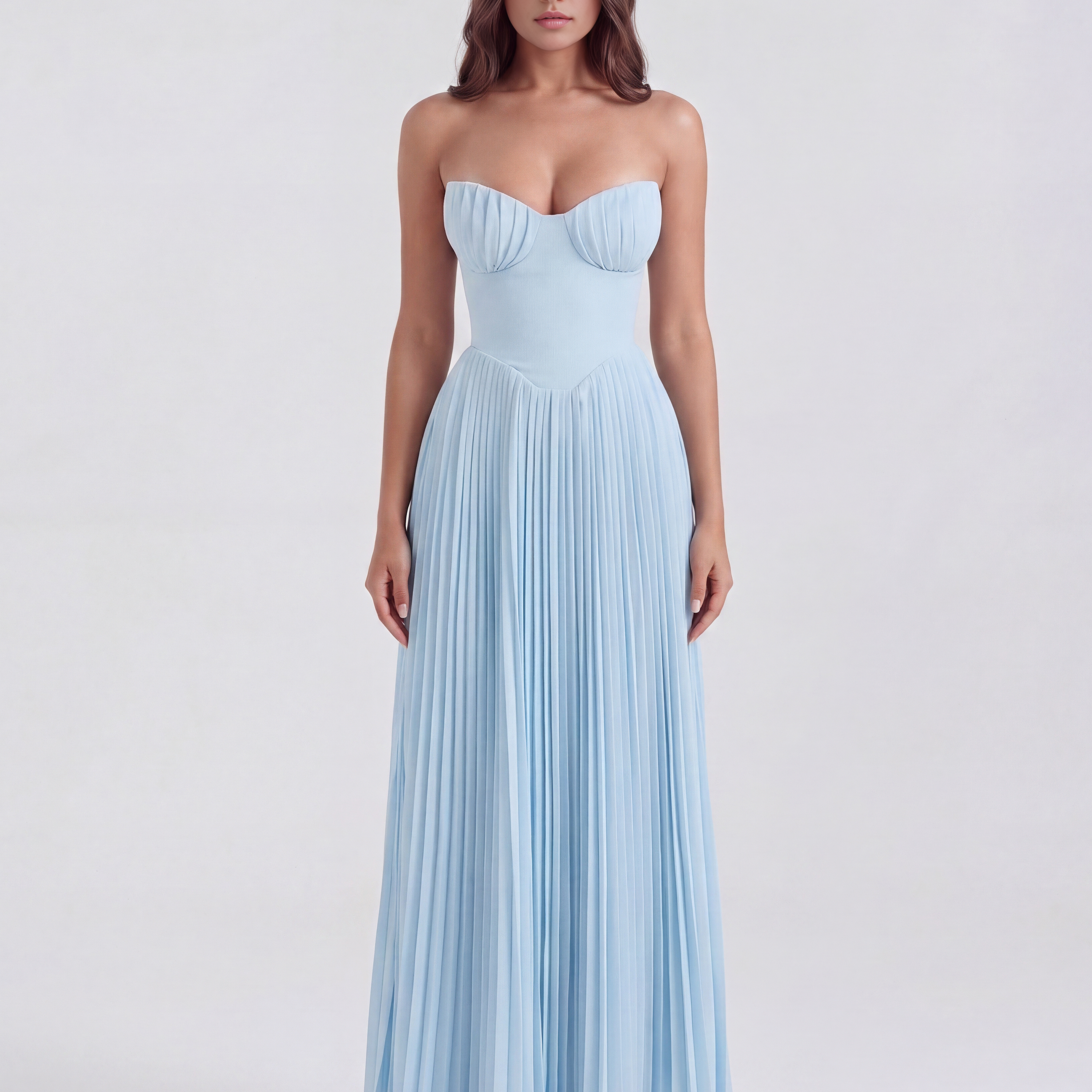 Abito Lungo Donna Plissettato Corsetto Senza Spalline da Sera