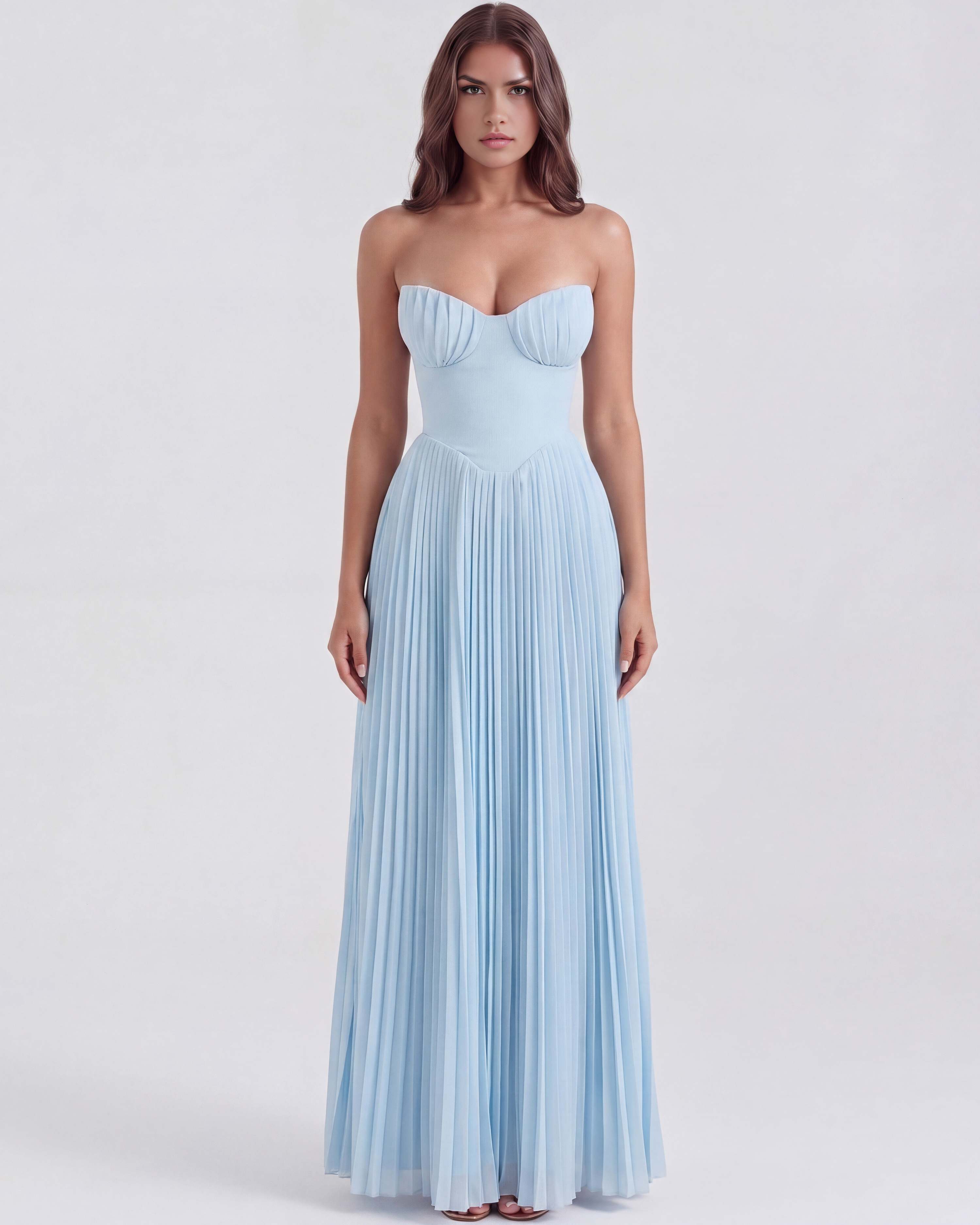 Abito Lungo Donna Plissettato Corsetto Senza Spalline da Sera