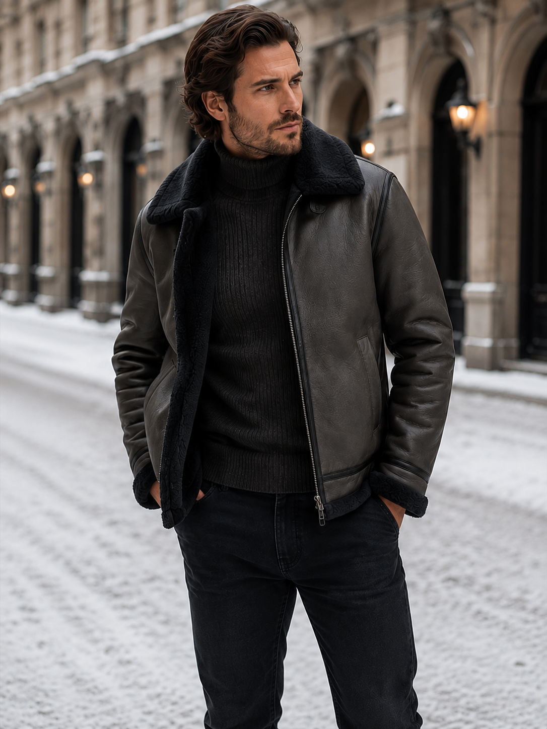 Giacca Aviator Uomo in Pelle Fodera Shearling Sintetico
