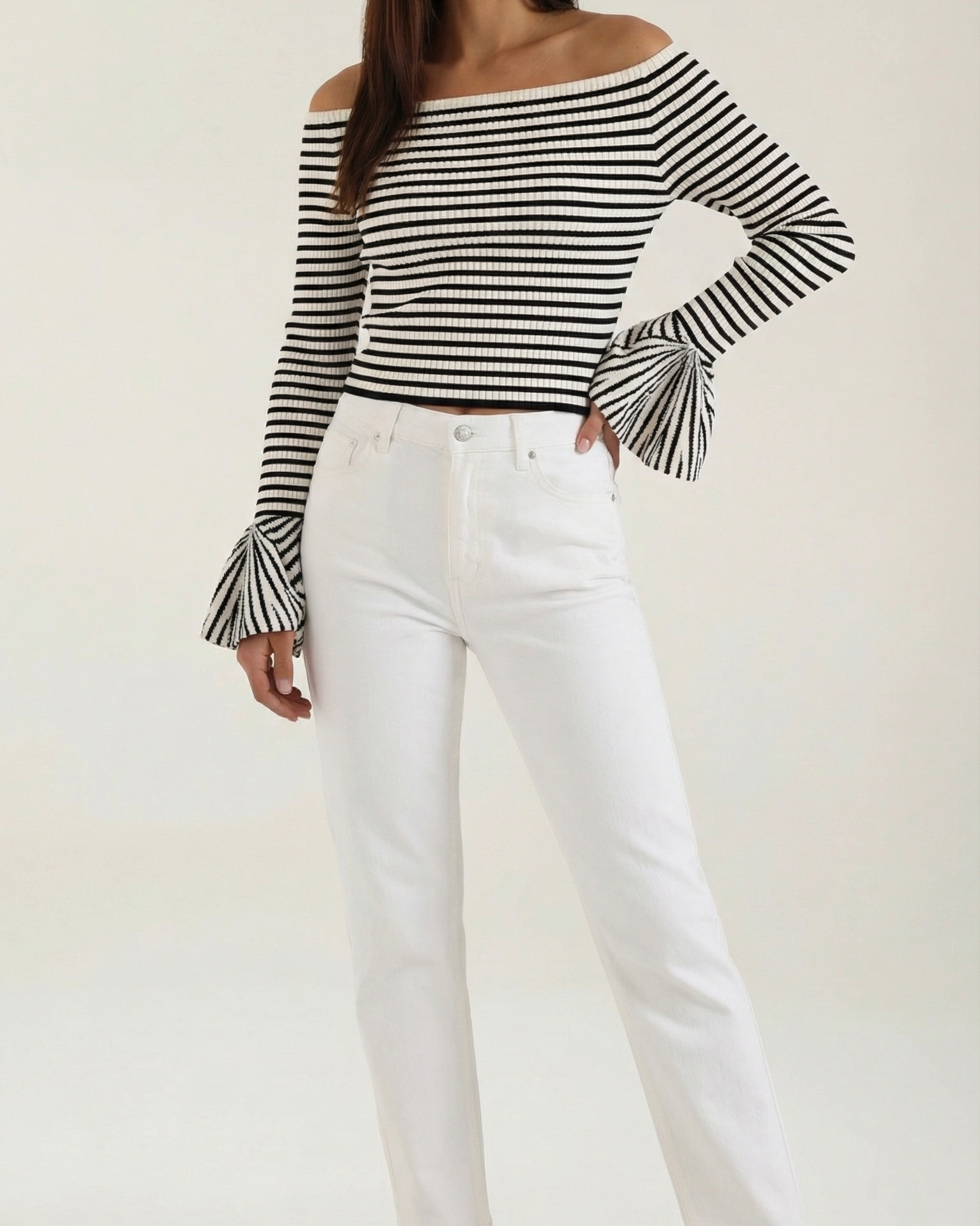 Top Donna a Righe Maniche a Volant Scollo Off Shoulder