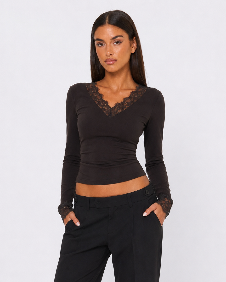 Top Donna Maniche Lunghe Scollo a V Bordo Pizzo e Polsini Pizzo