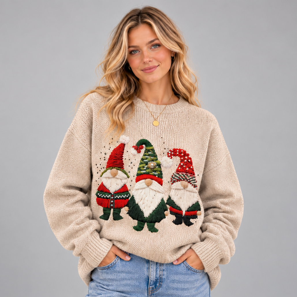 Maglione Natalizio Donna con Gnomi Beige Vestibilità Rilassata